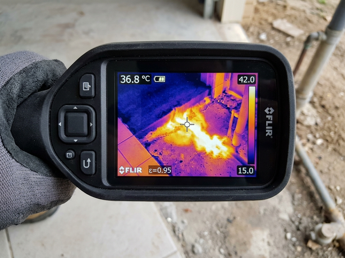 Thermal imaging scan revealing hot water slab leak beneath tile flooring in Longview TX home