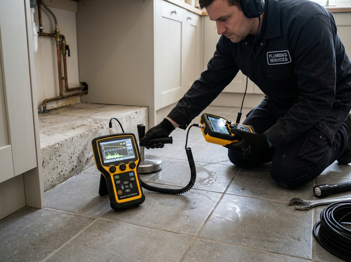 Plumber using acoustic ground microphone for electronic leak detection in Longview TX home